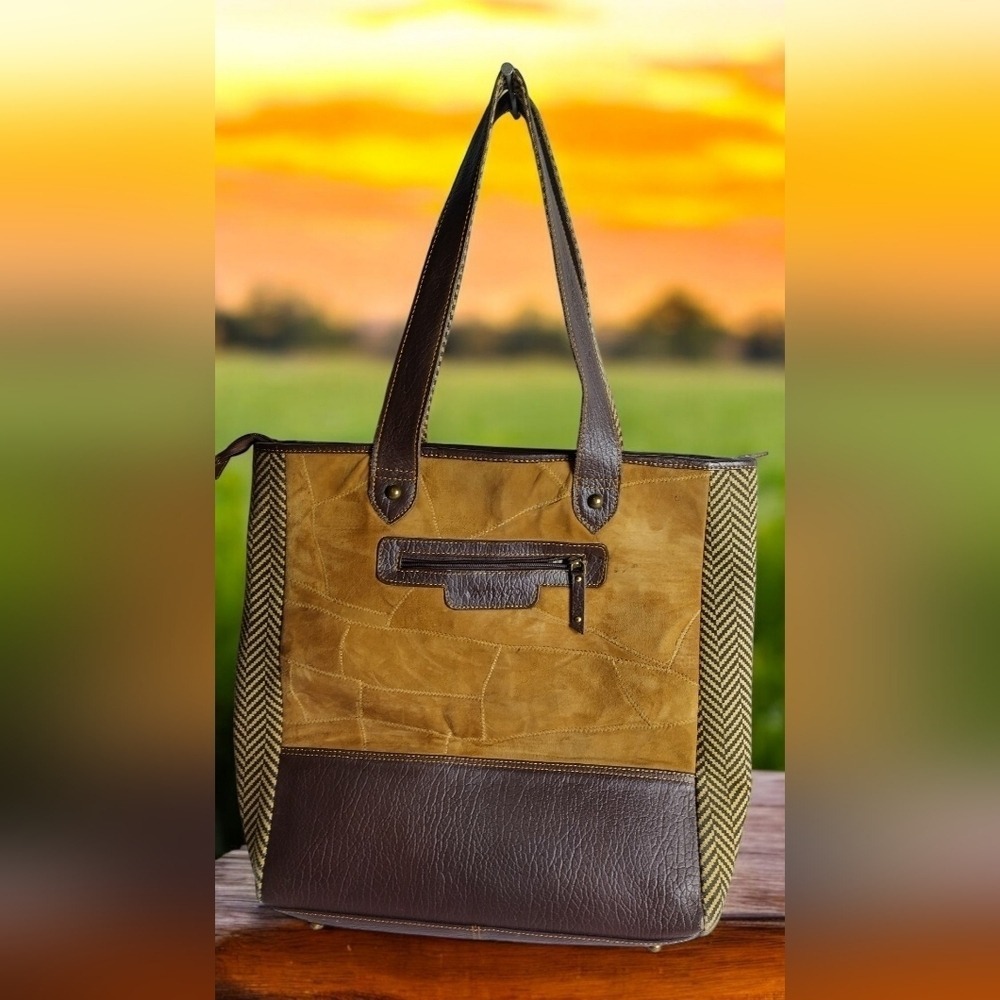 Vaan & Co Women Milano Upcycled Leather And Suede Herringbone Tote Shoulder Bag